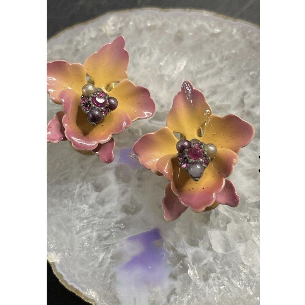 Joan Rivers Earrings Rhinestone Faux Pearl Enamel Pink Orchid 1K Gold Coating